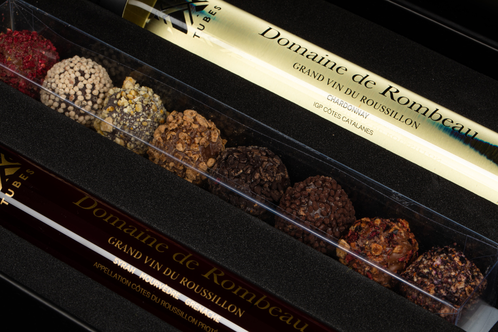 Giftbox | Rombeau Wine & Chocolate | 2 x 100 ML | 1 x 8 truffels | Glas