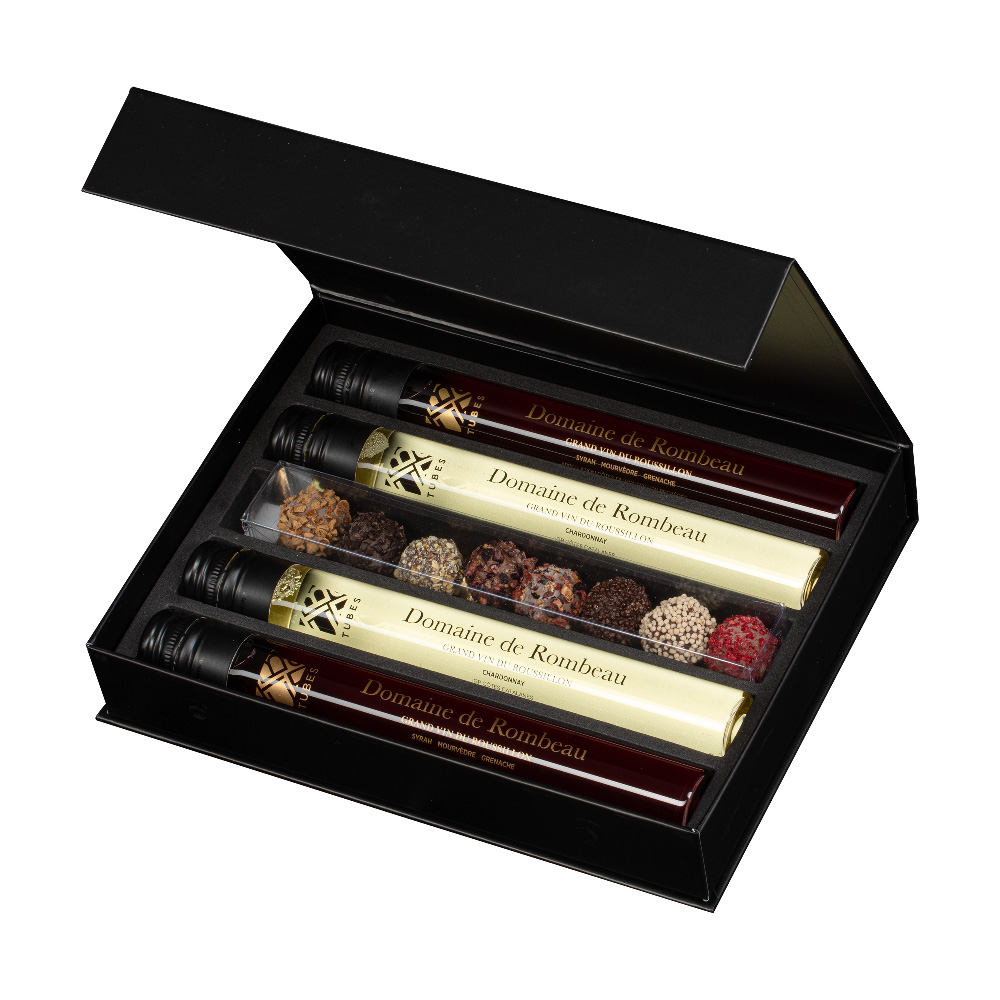 Giftbox | Rombeau Wine & Chocolate | 4 x 100 ML | 1 x 8 truffels | Glas