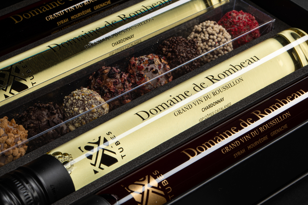 Giftbox | Rombeau Wine & Chocolate | 4 x 100 ML | 1 x 8 truffels | Glas