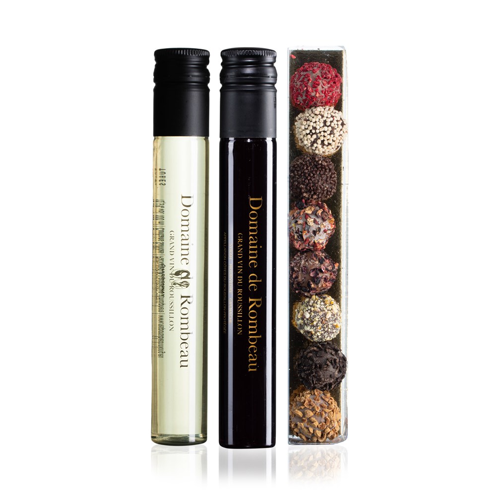 Brievenbuspakket | Rombeau Wine & Chocolate | 2 x 100 ML | 1 x 8 truffels | rPET