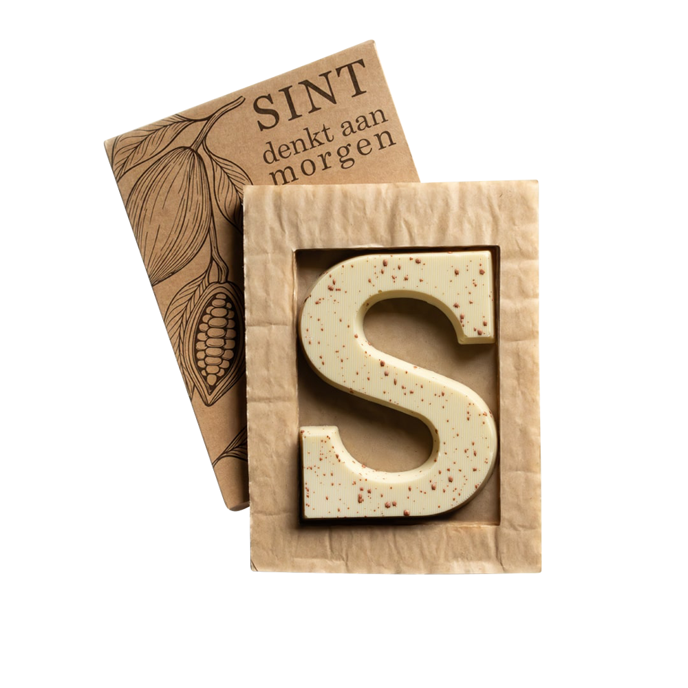 Luxe chocoladeletter S bronzen spetters | wit | 135g