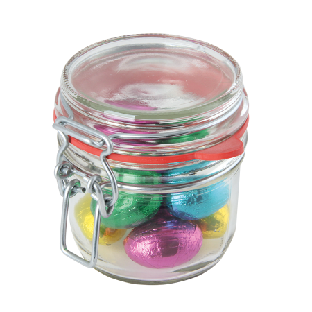 Glazen weckpotje 255 ml. met divers Europees snoep