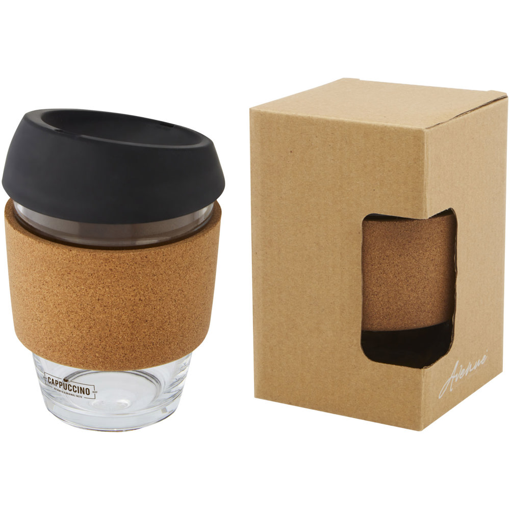 Lidan borosilicaat glazen beker van 360 ml met kurken grip en siliconen deksel