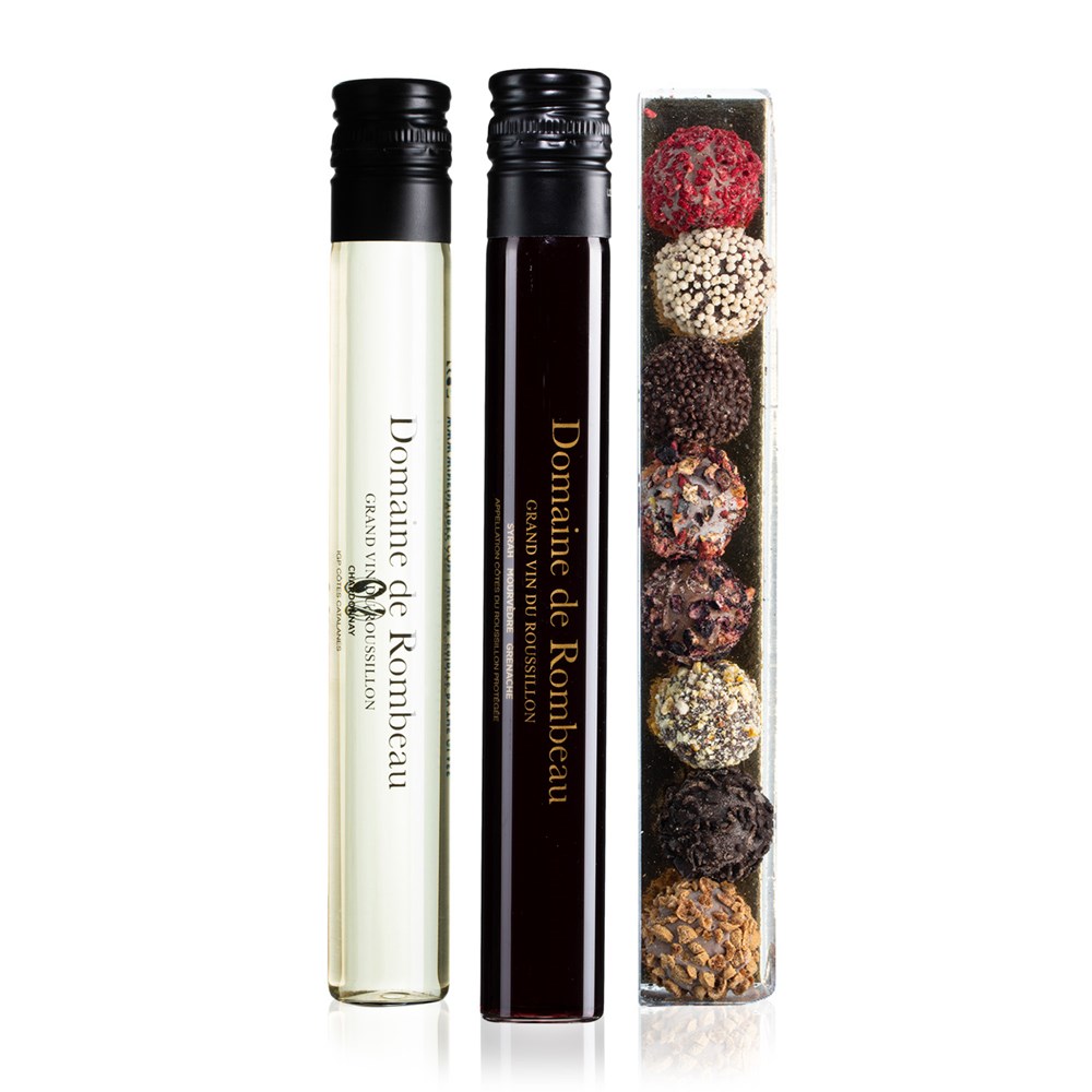 Giftbox | Rombeau Wine & Chocolate | 2 x 100 ML | 1 x 8 truffels | Glas