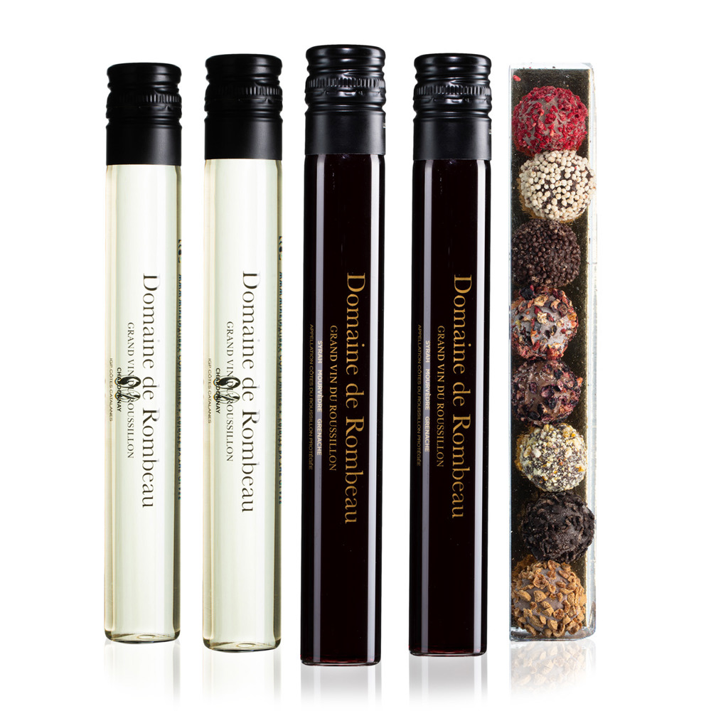 Giftbox | Rombeau Wine & Chocolate | 4 x 100 ML | 1 x 8 truffels | Glas