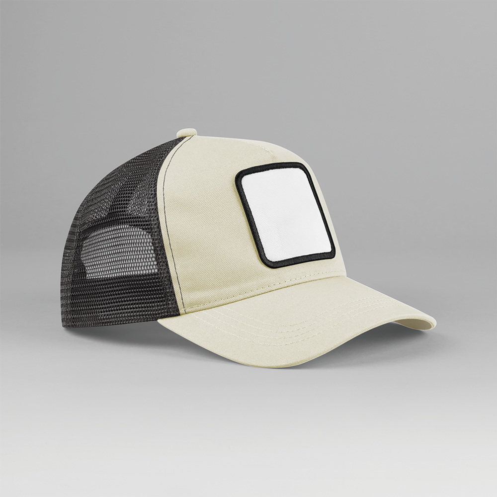 B636 - 5-panel trucker pet met vierkante patch - Stone/Shadow Grey