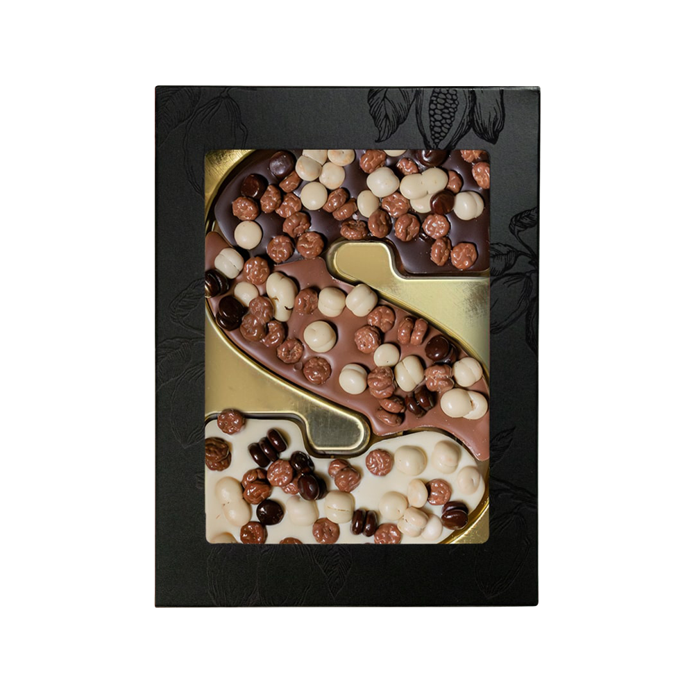 Luxe chocoladeletter S drie smaken schuddebuikjes | melk/wit/puur | 250g