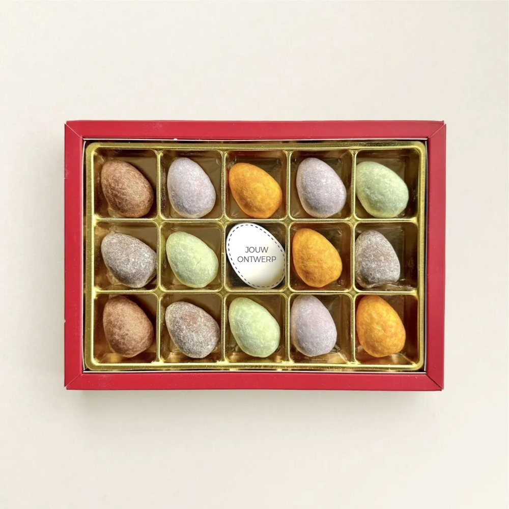 Chocolade gevulde paaseitjes | karamel/framboos/pistache | geschenkdoos | eigen logo | 185g