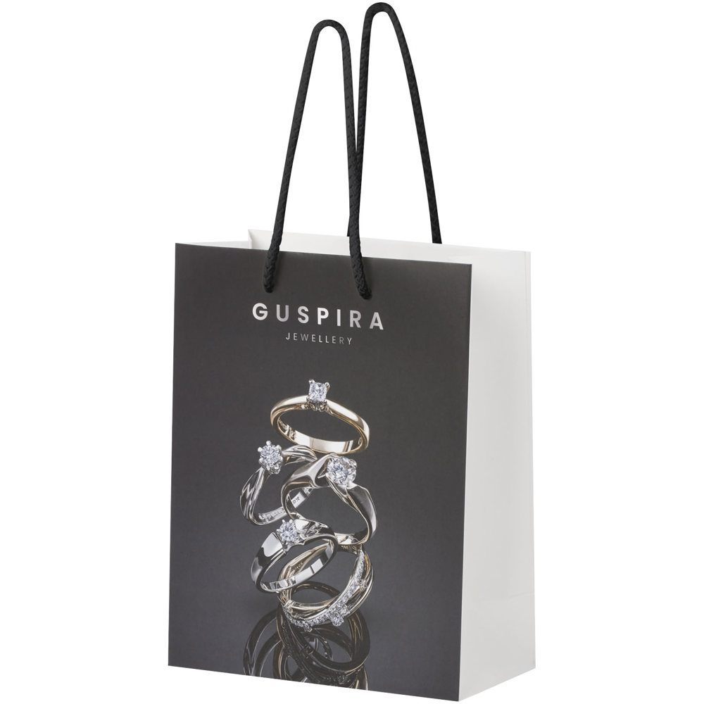Handgemaakte 170 g/m2 integra papieren tas met PP woven handgrepen - 18 x 9 x 23 cm - Wit, Zwart